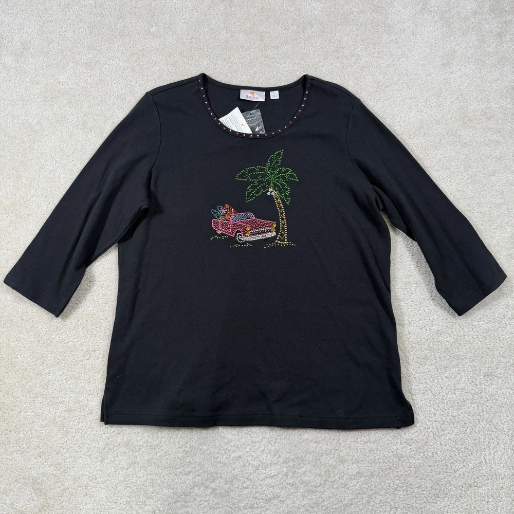Quacker Factory Rhinestone Embellished Tshirt Women Large Black Palm Tree Car - Picture 2 of 10